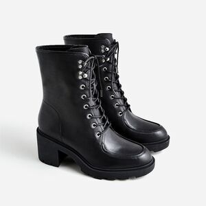 J. Crew Leather Lace Up Chunky Ankle Platform Heel Boots in Black
